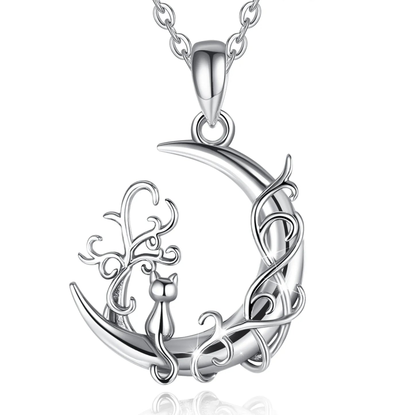 Eudora-Collier pendentif arbre de vie en argent regardé 925 pour homme et femme, chat mignon assis sur la lune, bijoux en argent fin, cadeau de fête