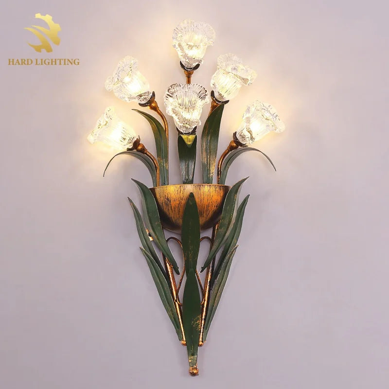 Artistic Flower Shaped LED Wall Light with Frosted Glass Shade Decorative Style for Living Room Background Iron Lamp Body