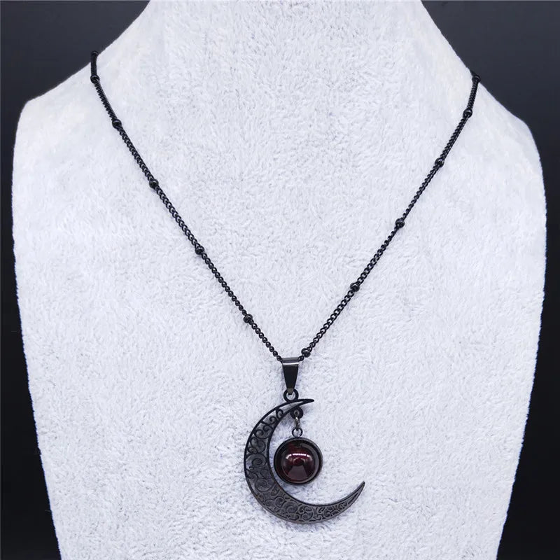 Collier Lune Noir en Acier Inoxydable pour Femme, Bijoux avec Perles de Classe Rouges