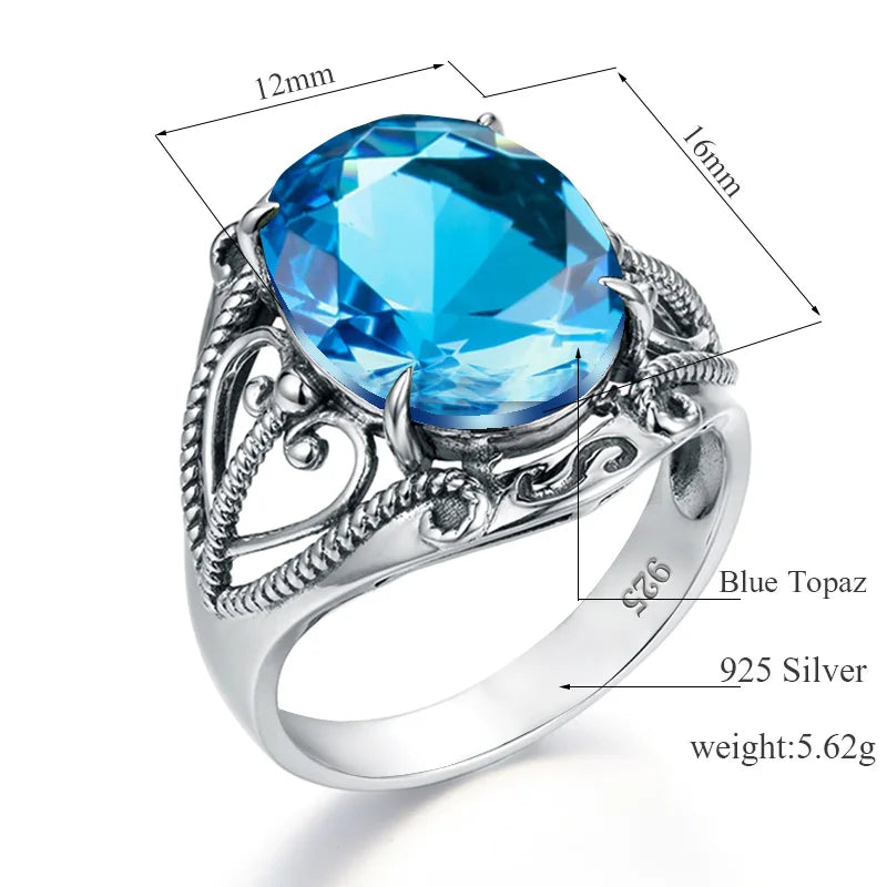 Bohemian 925 Silver Ring Round Blue Topaz Gemstone Crystal Prong Setting Sterling Silver Jewelry Rings Women