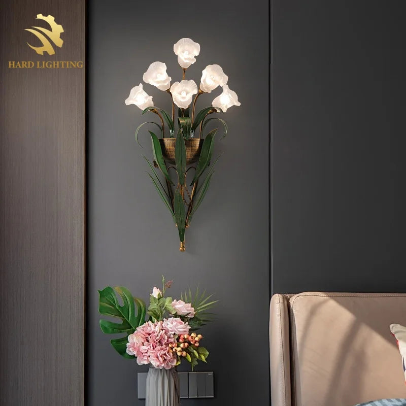Artistic Flower Shaped LED Wall Light with Frosted Glass Shade Decorative Style for Living Room Background Iron Lamp Body