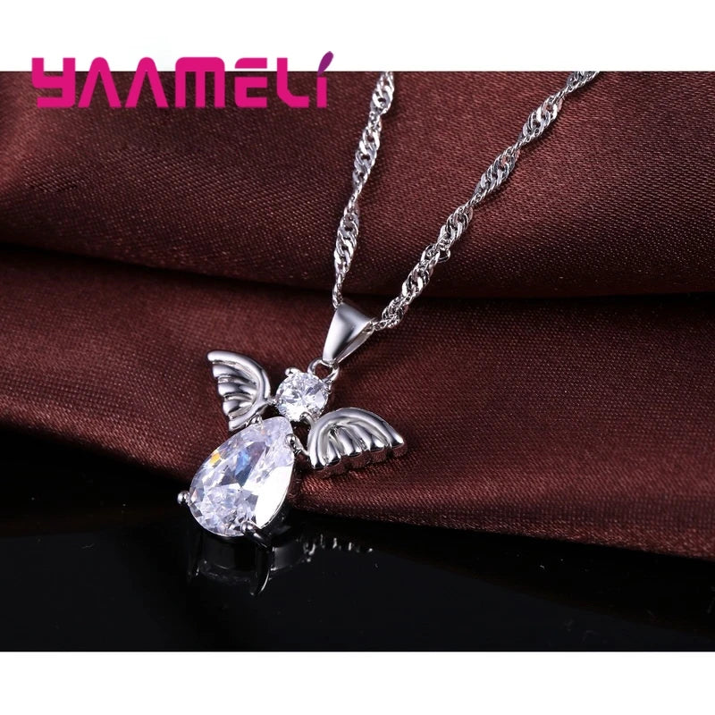 Vente Promotions mignon ange forme ensembles de bijoux cristal 925 en argent Sterling couleur pendentif collier et boucles d'oreilles ensemble dame anniversaire