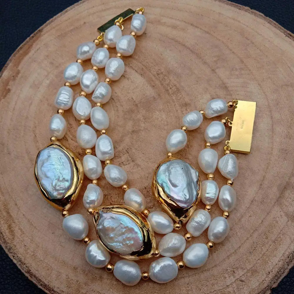 Y.YING – Bracelet de 8 pouces, 3 rangées de perles baroques blanches de culture d'eau douce, perle Keshi blanche pour mariage classique fait à la main pour femmes