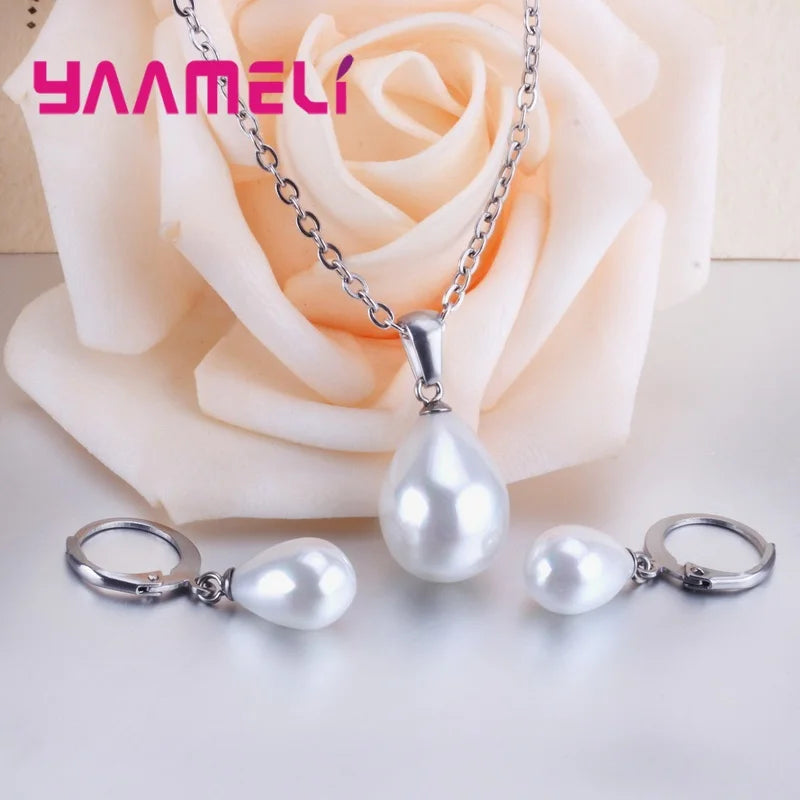 Collier pendentif en argent Sterling 925 avec perles, boucles d'oreilles en forme de larme blanche pour femmes et filles, jolis cadeaux pour fête de mariage