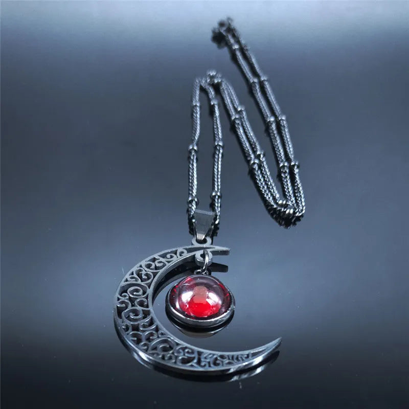 Collier Lune Noir en Acier Inoxydable pour Femme, Bijoux avec Perles de Classe Rouges