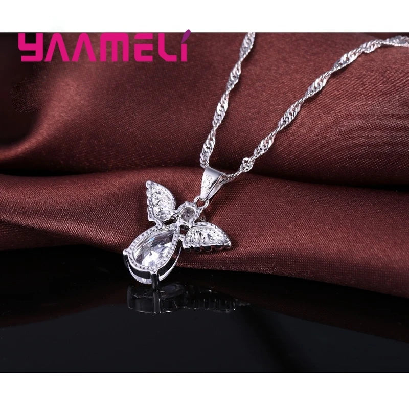 Vente Promotions mignon ange forme ensembles de bijoux cristal 925 en argent Sterling couleur pendentif collier et boucles d'oreilles ensemble dame anniversaire