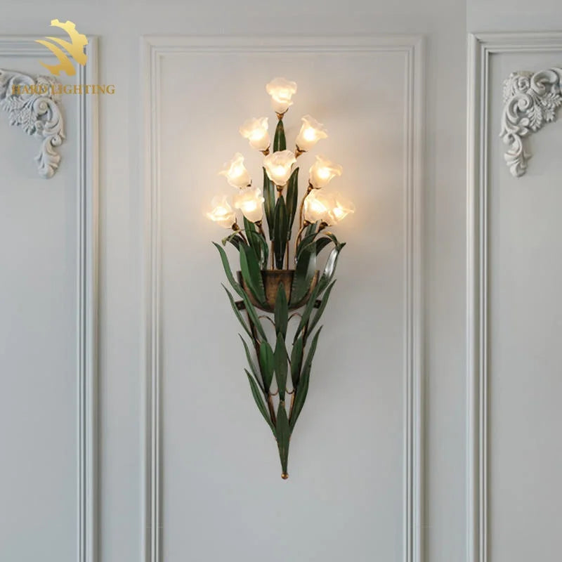 Artistic Flower Shaped LED Wall Light with Frosted Glass Shade Decorative Style for Living Room Background Iron Lamp Body