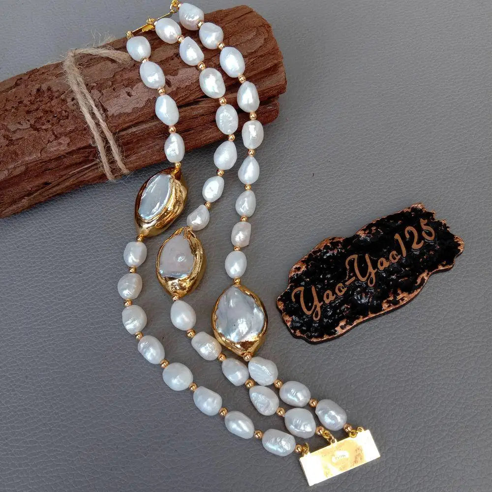Y.YING – Bracelet de 8 pouces, 3 rangées de perles baroques blanches de culture d'eau douce, perle Keshi blanche pour mariage classique fait à la main pour femmes