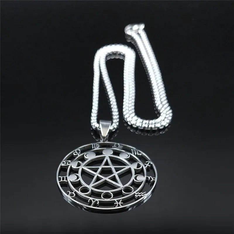 Colliers de la présidence en acier inoxydable, 12 constellations, pentagramme de sorcellerie, bijoux de voyage, document en argent, N6074S03