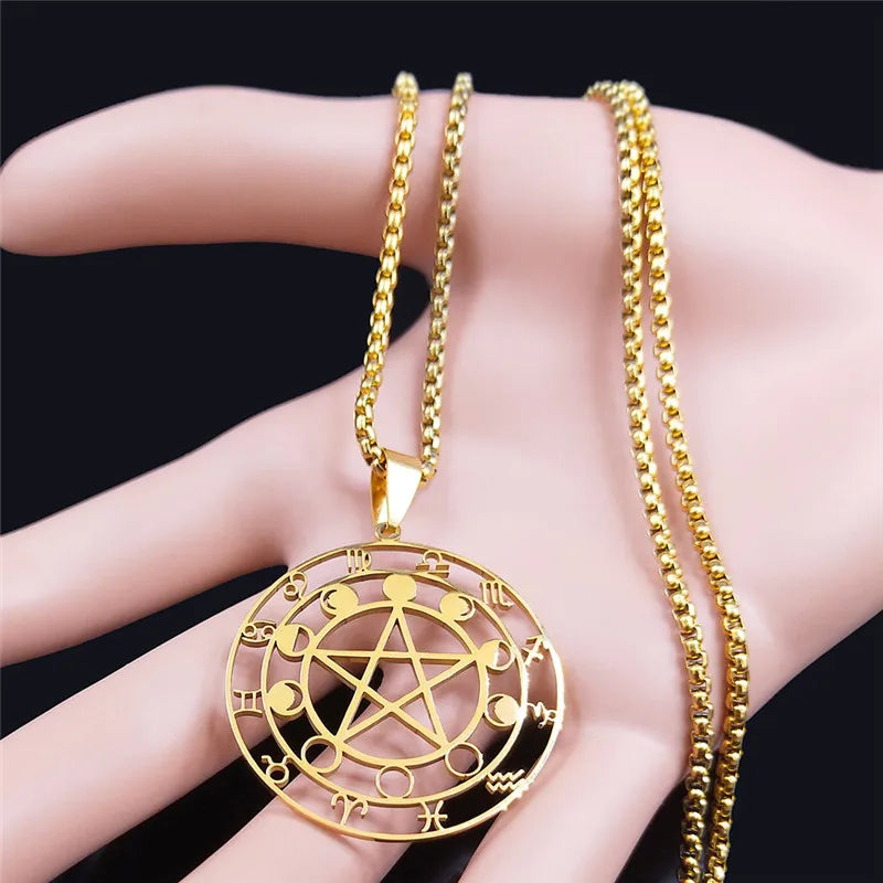 Collier Pentagramme en Acier Inoxydable pour Homme et Femme, 12 Constellations, Phase de Lune, Bijoux de la raq