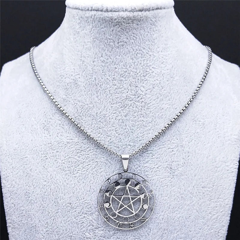 Colliers de la présidence en acier inoxydable, 12 constellations, pentagramme de sorcellerie, bijoux de voyage, document en argent, N6074S03