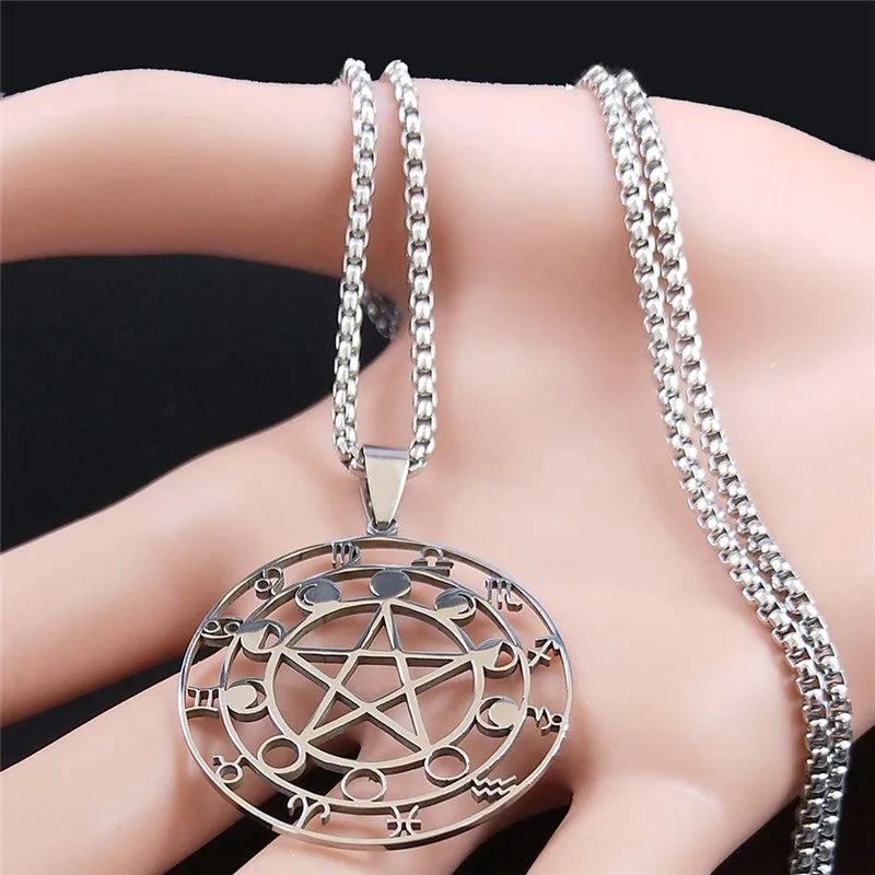 Colliers de la présidence en acier inoxydable, 12 constellations, pentagramme de sorcellerie, bijoux de voyage, document en argent, N6074S03