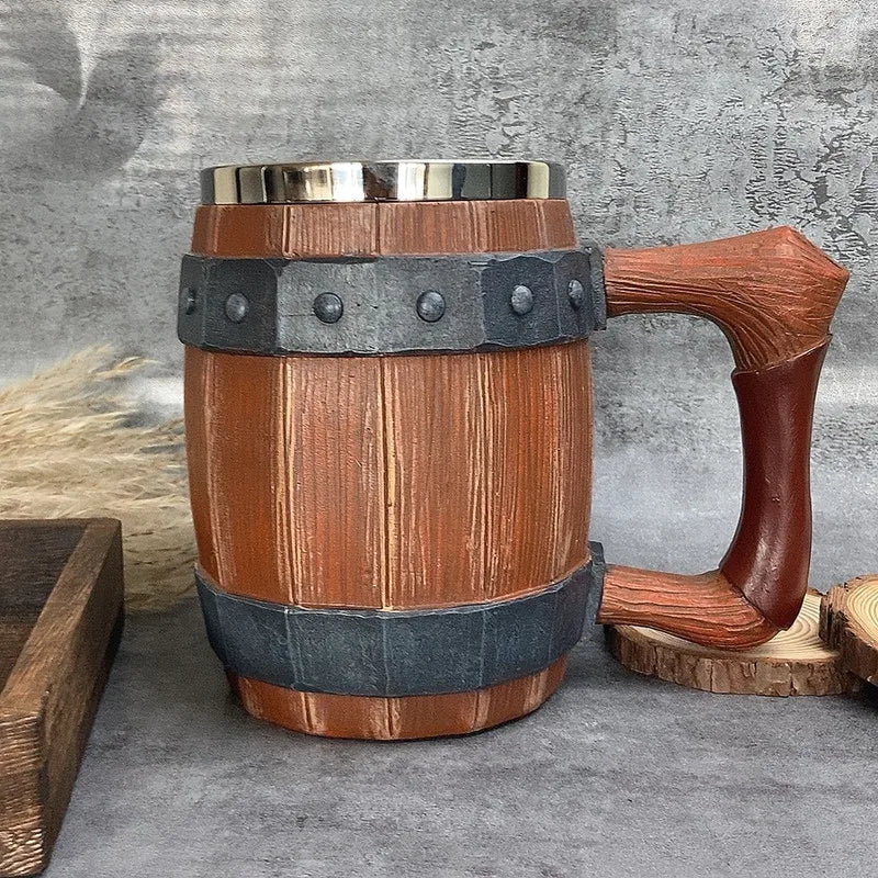 Medieval Resin Mug Germany Beer Barrel Cup Set Souvenir Bar Tools Stainless Steel Tankard Imitation Wooden Wine Bucket Cup