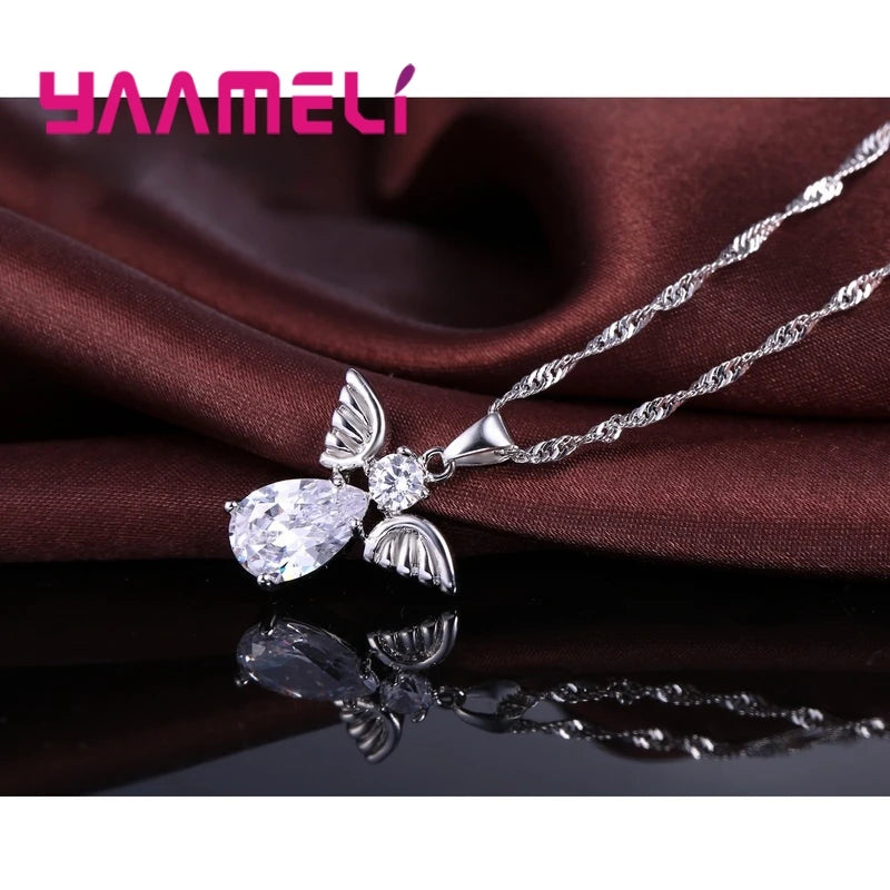 Vente Promotions mignon ange forme ensembles de bijoux cristal 925 en argent Sterling couleur pendentif collier et boucles d'oreilles ensemble dame anniversaire