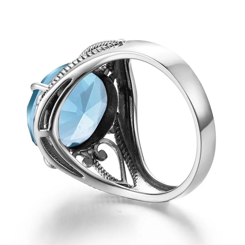 Bohemian 925 Silver Ring Round Blue Topaz Gemstone Crystal Prong Setting Sterling Silver Jewelry Rings Women