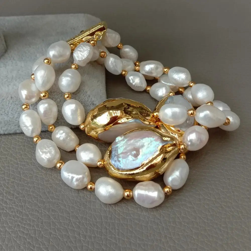 Y.YING – Bracelet de 8 pouces, 3 rangées de perles baroques blanches de culture d'eau douce, perle Keshi blanche pour mariage classique fait à la main pour femmes