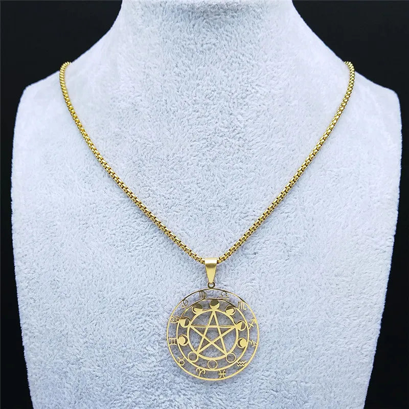 Collier Pentagramme en Acier Inoxydable pour Homme et Femme, 12 Constellations, Phase de Lune, Bijoux de la raq