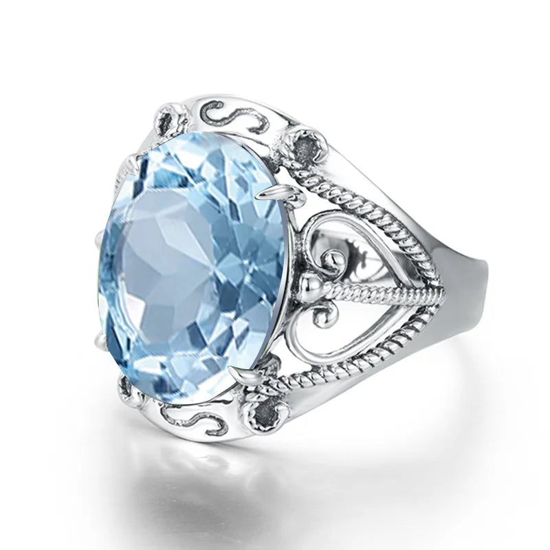 Bohemian 925 Silver Ring Round Blue Topaz Gemstone Crystal Prong Setting Sterling Silver Jewelry Rings Women
