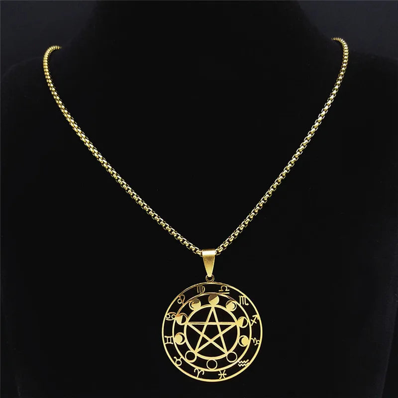 Collier Pentagramme en Acier Inoxydable pour Homme et Femme, 12 Constellations, Phase de Lune, Bijoux de la raq