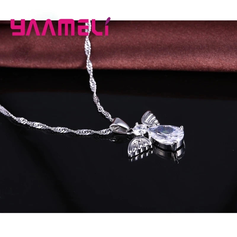 Vente Promotions mignon ange forme ensembles de bijoux cristal 925 en argent Sterling couleur pendentif collier et boucles d'oreilles ensemble dame anniversaire