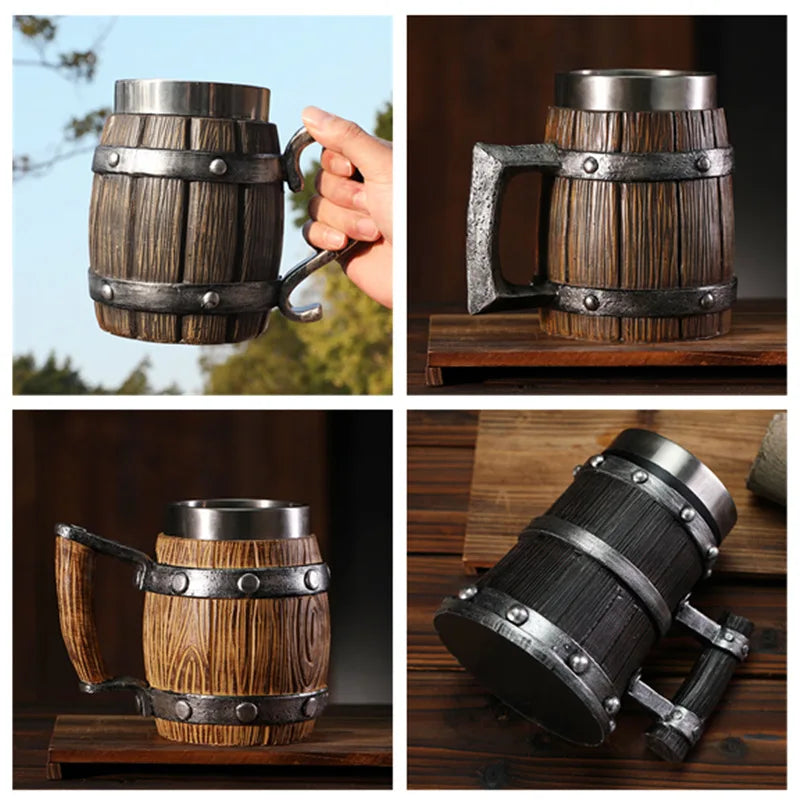 Medieval Resin Mug Germany Beer Barrel Cup Set Souvenir Bar Tools Stainless Steel Tankard Imitation Wooden Wine Bucket Cup