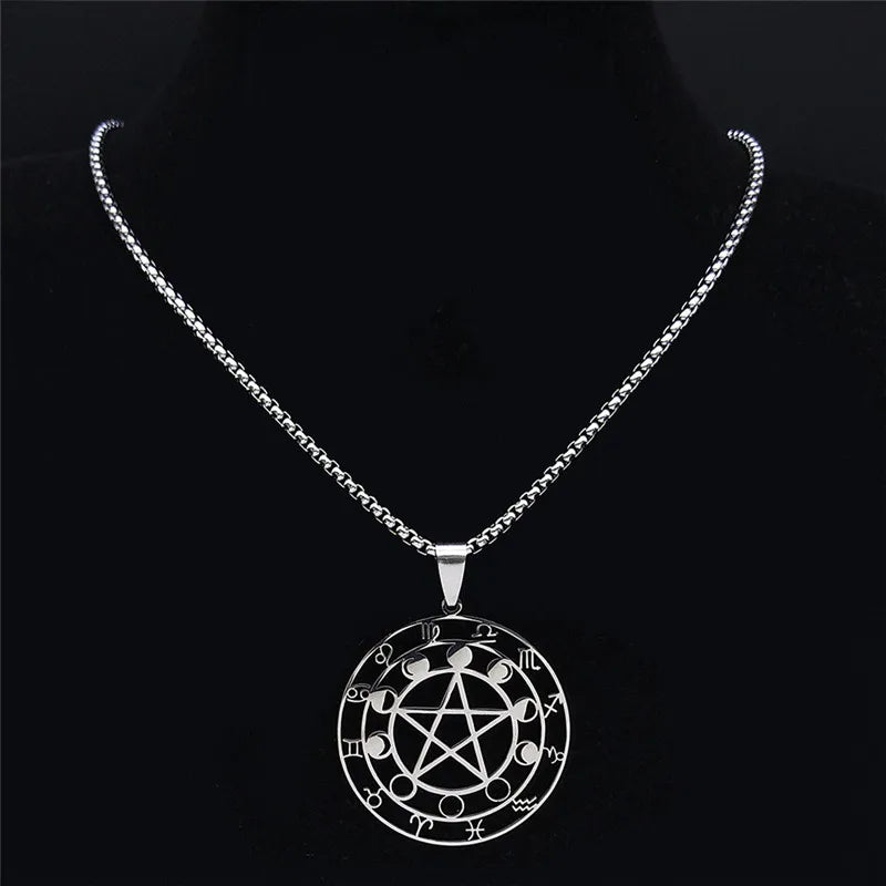 Colliers de la présidence en acier inoxydable, 12 constellations, pentagramme de sorcellerie, bijoux de voyage, document en argent, N6074S03