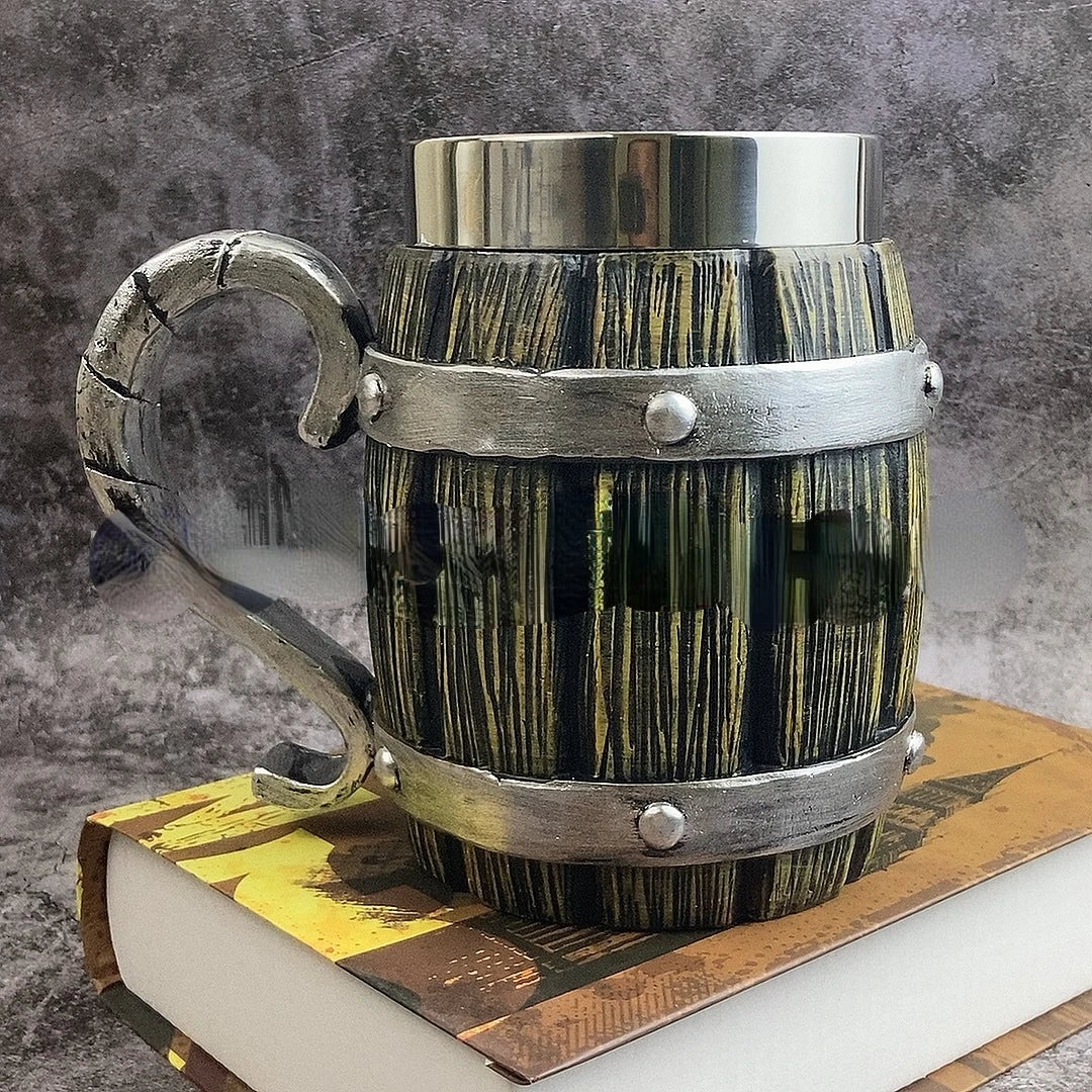 Medieval Resin Mug Germany Beer Barrel Cup Set Souvenir Bar Tools Stainless Steel Tankard Imitation Wooden Wine Bucket Cup