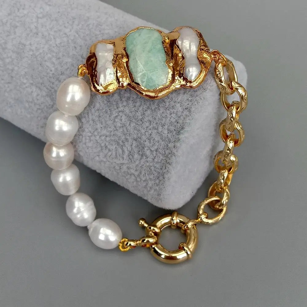 Y.YING – Bracelet de riz blanc de culture naturelle, chaîne de perles d'amazonite Biwa, style vintage 8 pouces pour femmes