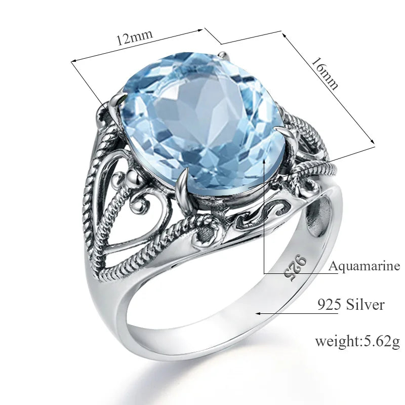 Bohemian 925 Silver Ring Round Blue Topaz Gemstone Crystal Prong Setting Sterling Silver Jewelry Rings Women