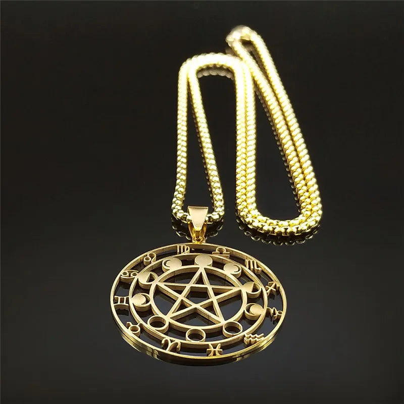 Collier Pentagramme en Acier Inoxydable pour Homme et Femme, 12 Constellations, Phase de Lune, Bijoux de la raq