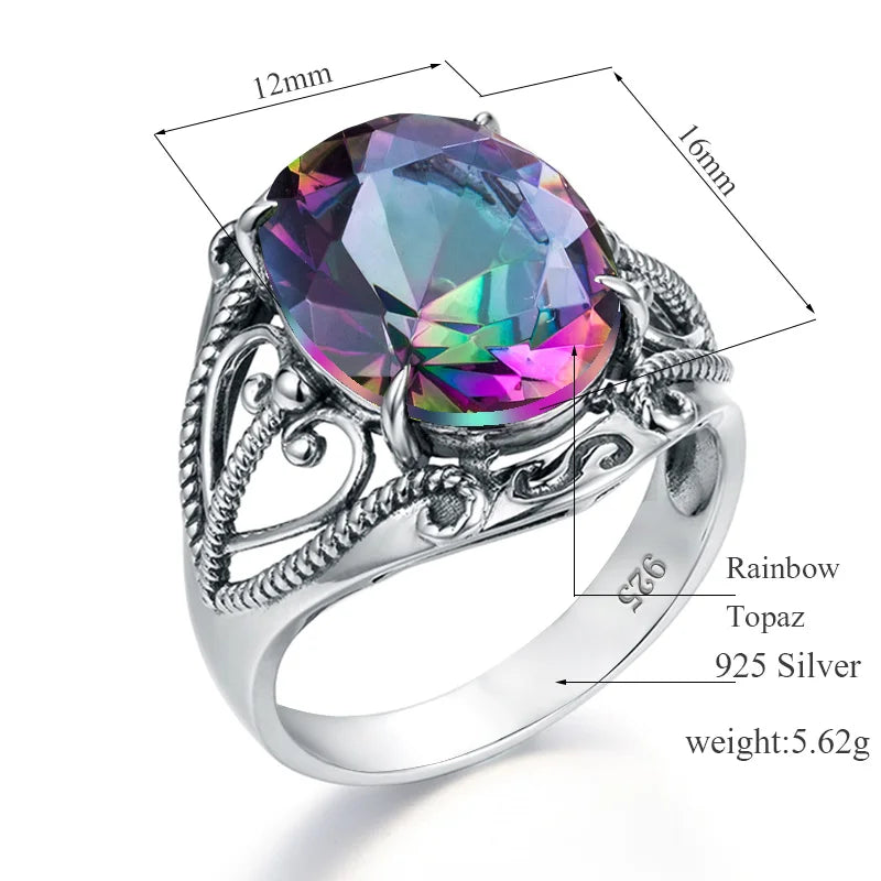 Bohemian 925 Silver Ring Round Blue Topaz Gemstone Crystal Prong Setting Sterling Silver Jewelry Rings Women