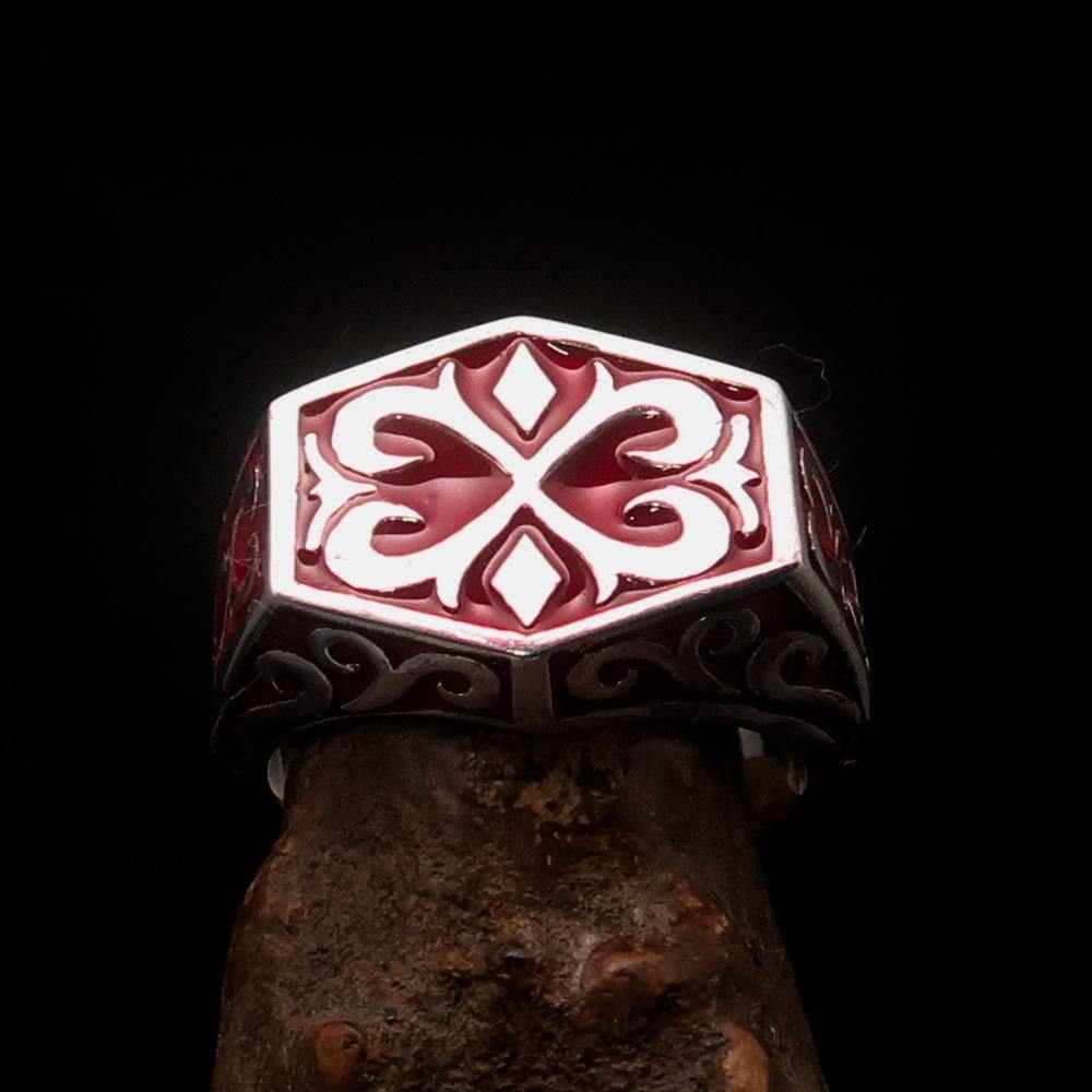 Excellent crafted Men's Medieval Ring red Oriental Crest Sterling