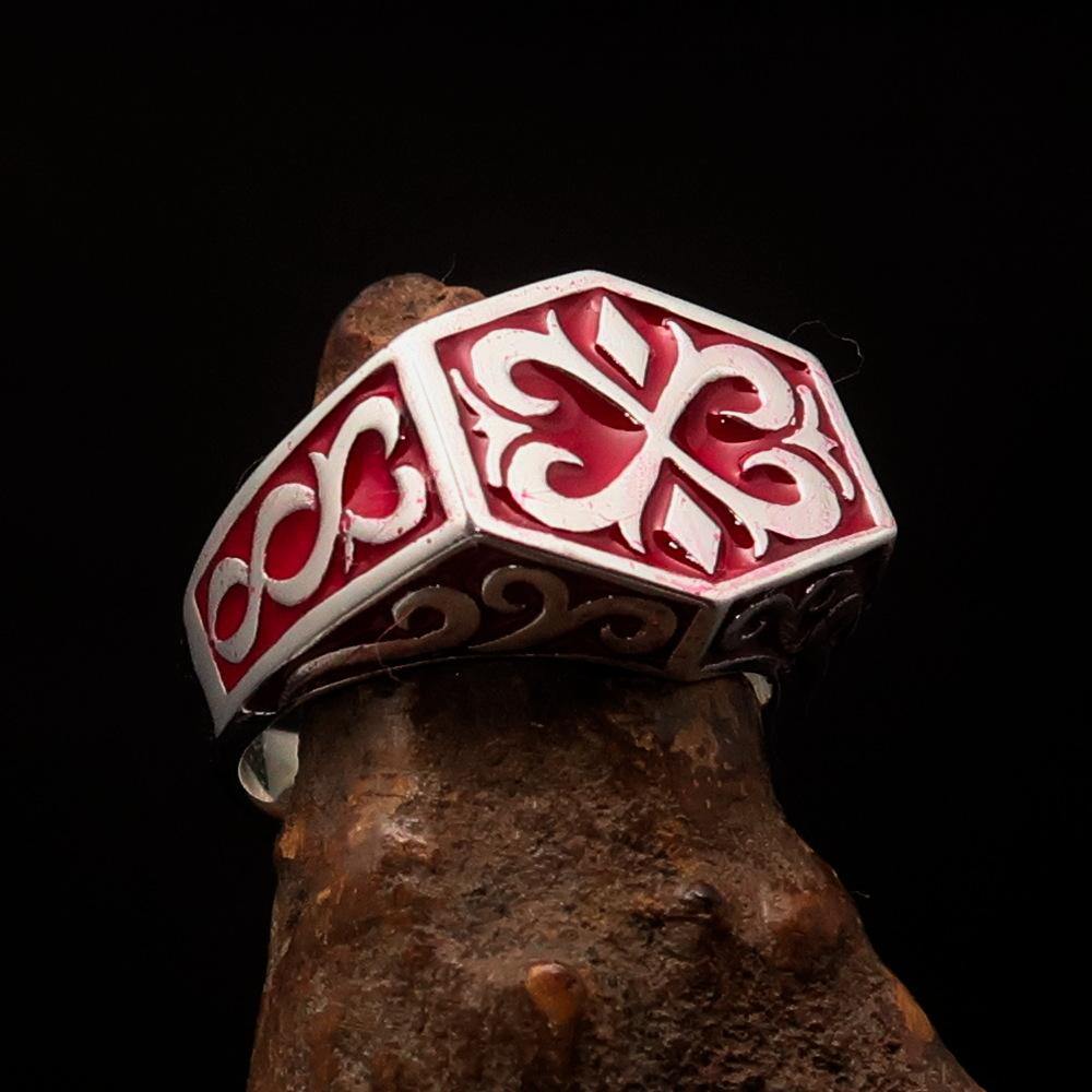 Excellent crafted Men's Medieval Ring red Oriental Crest Sterling