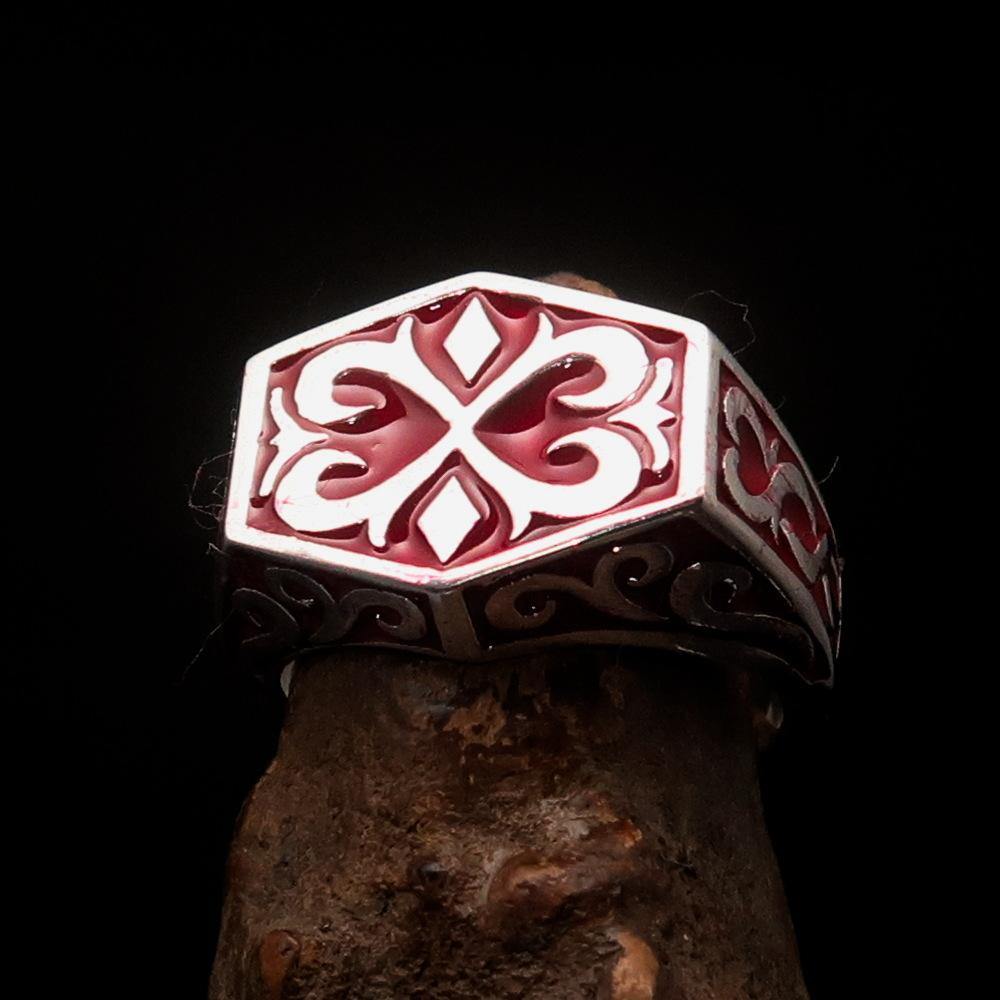 Excellent crafted Men's Medieval Ring red Oriental Crest Sterling