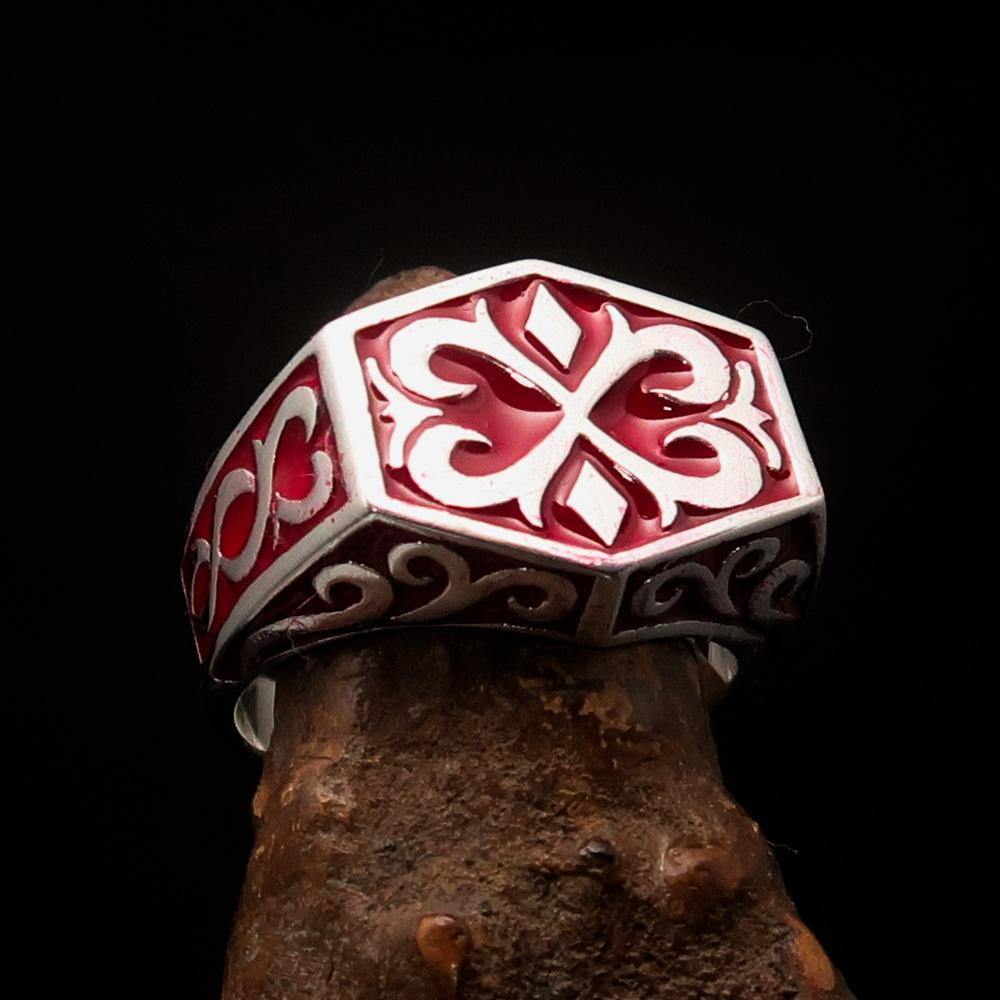 Excellent crafted Men's Medieval Ring red Oriental Crest Sterling