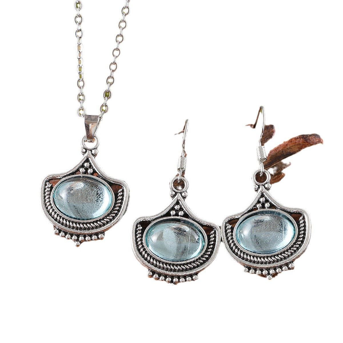Vintage Blue Oval Gemstone Pendant Necklace Earrings