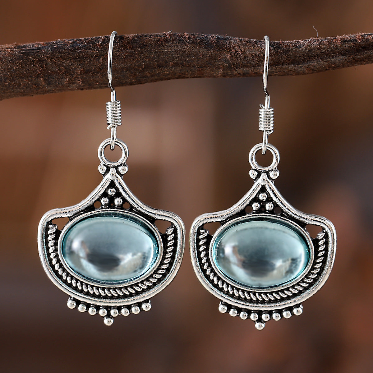 Vintage Blue Oval Gemstone Pendant Necklace Earrings