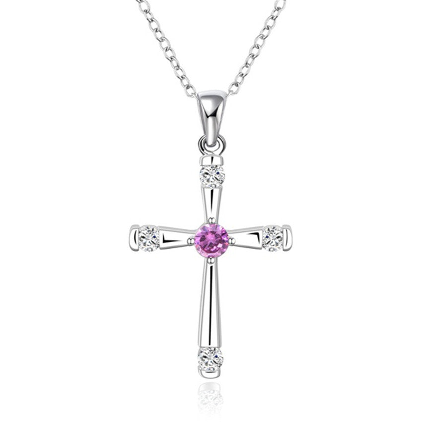 Fashion Jewelry Silver-plated Cross Purple Crystal Zircon Necklace