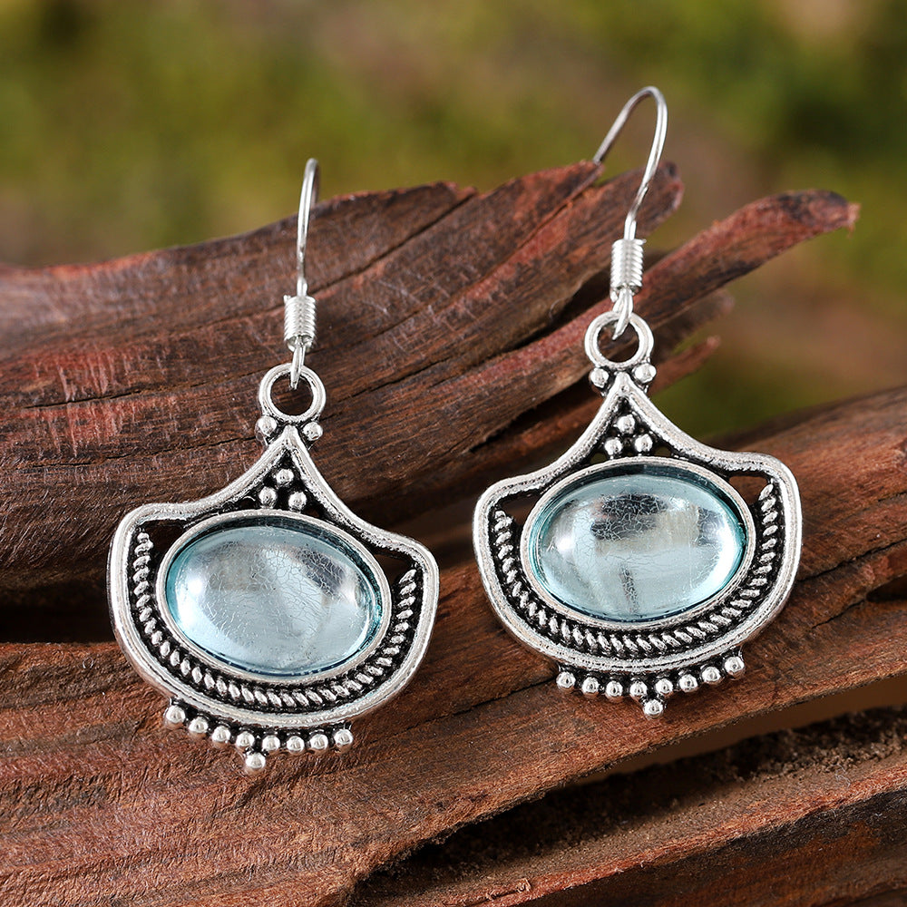 Vintage Blue Oval Gemstone Pendant Necklace Earrings