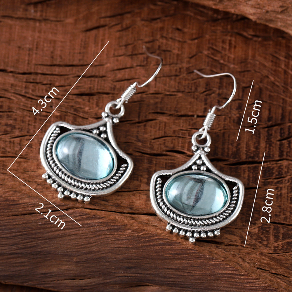 Vintage Blue Oval Gemstone Pendant Necklace Earrings