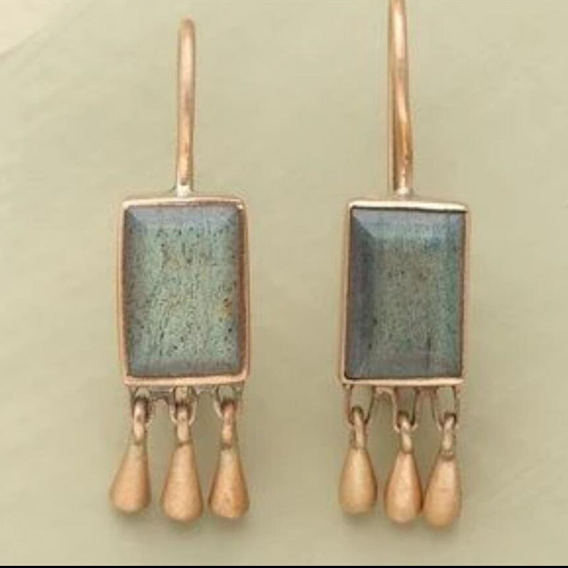New Retro Geometric Inlaid Turquoise Tassel Earrings