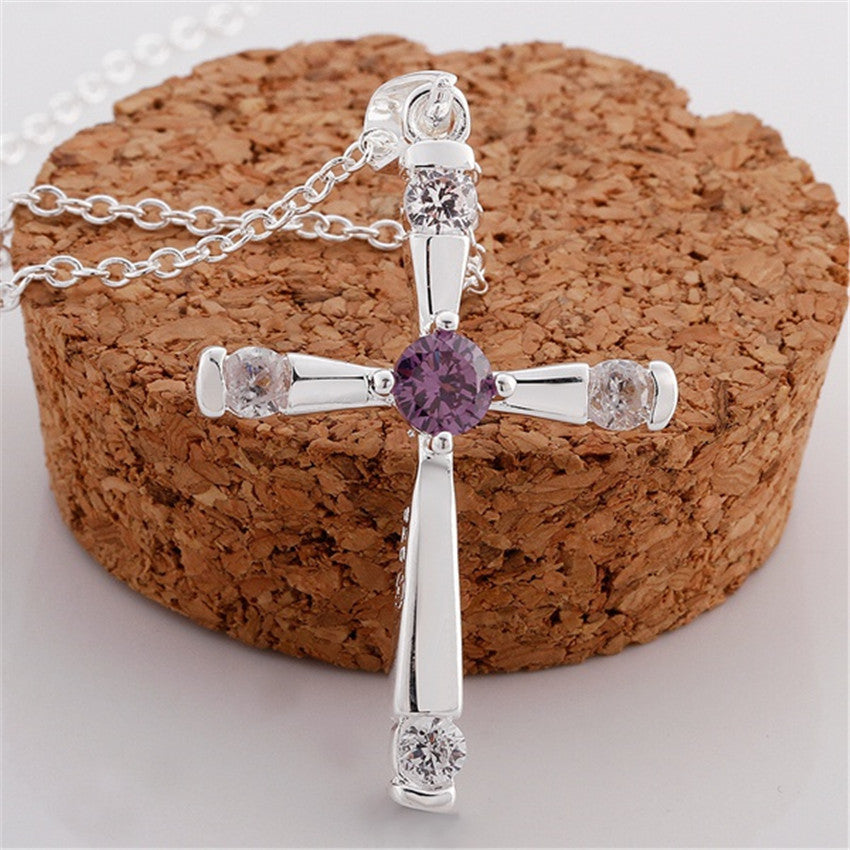 Fashion Jewelry Silver-plated Cross Purple Crystal Zircon Necklace