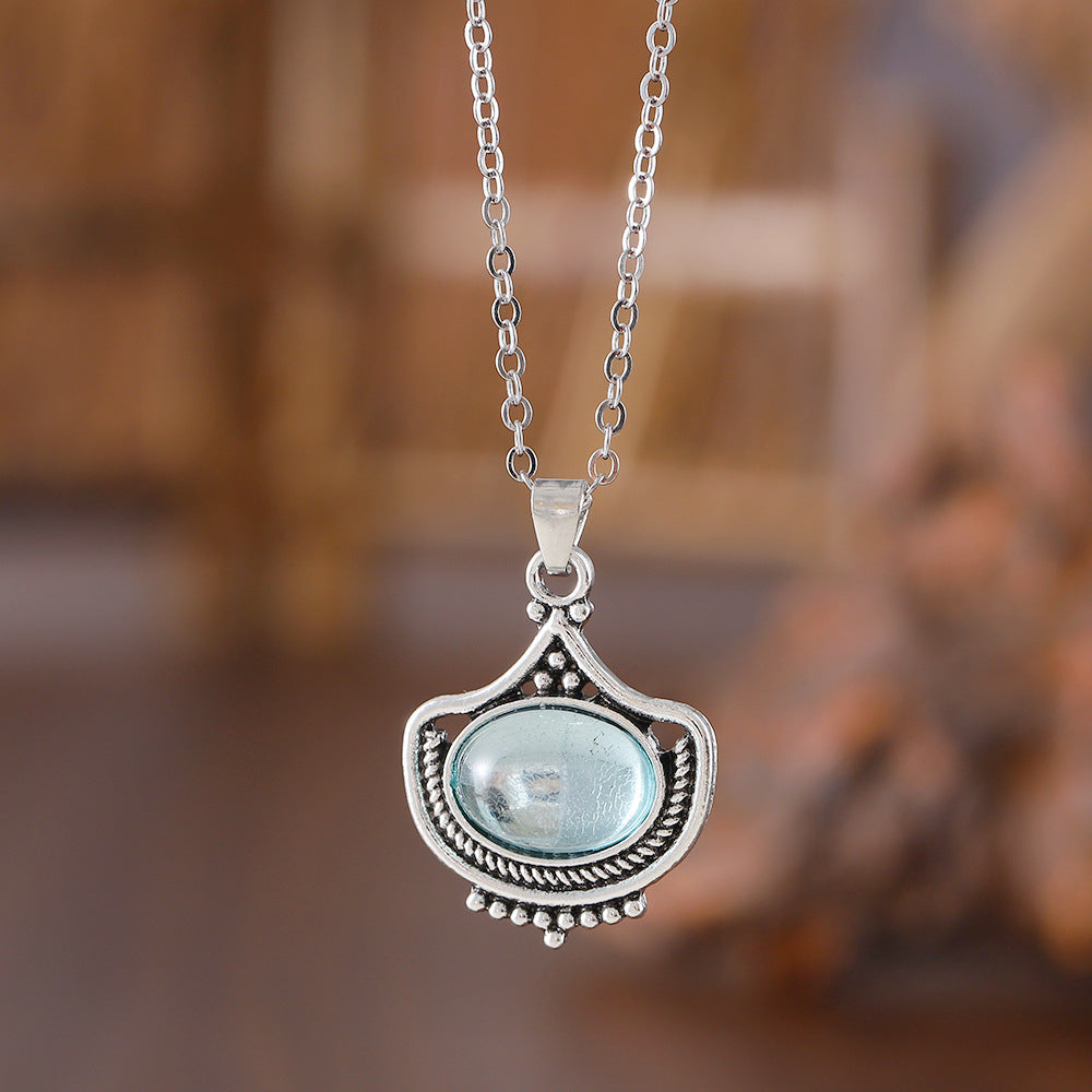Vintage Blue Oval Gemstone Pendant Necklace Earrings
