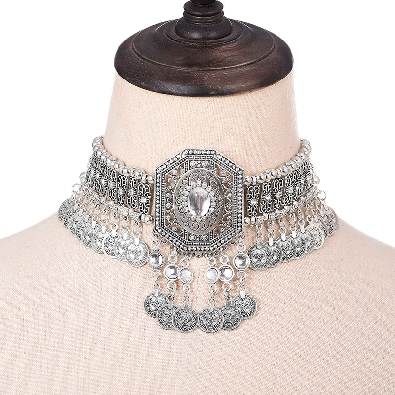 Collier ethnique pour femmes, ras du cou, bohème, Vintage, creux, géométrique, cristal, strass, perles, pièce de monnaie, pompon, bijoux