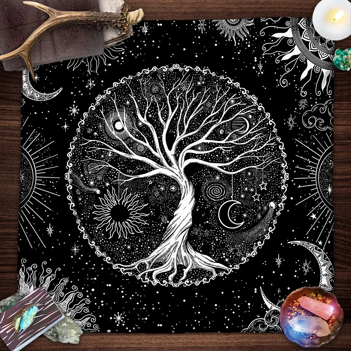 Nappe de carte de Tarot arbre de vie, nappe de plantes de Phase de lune pour Tarot de sorcière Wicca, tissu d'autel, tapis de carte de Divination