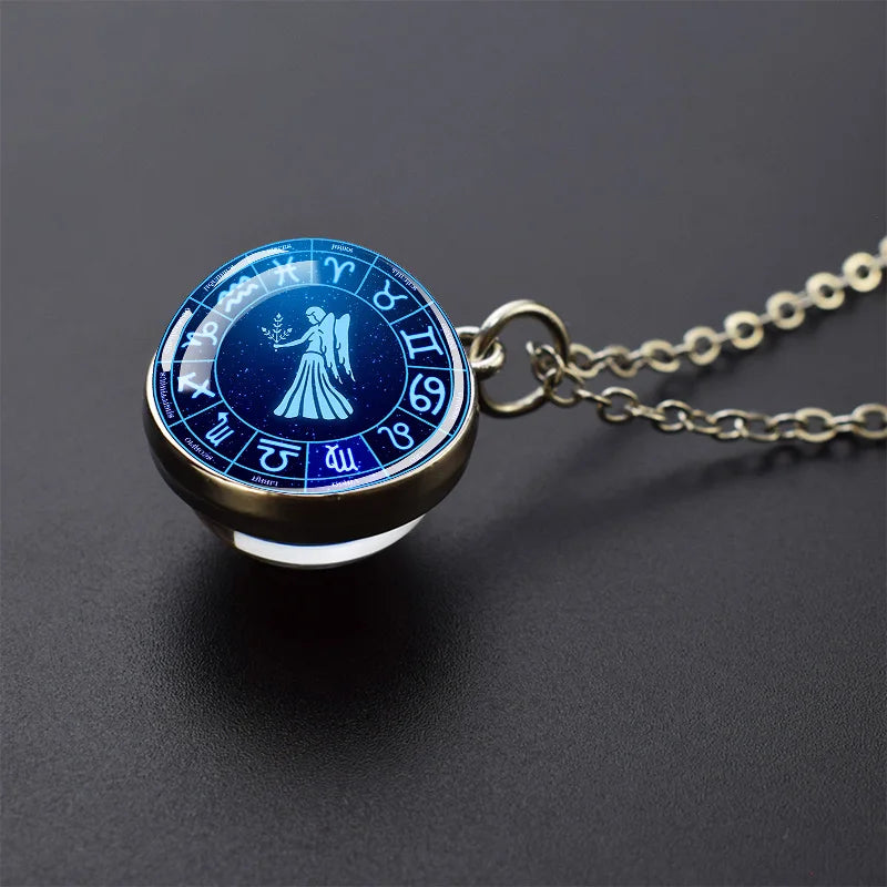 Pendentif boule de verre double face pour femme, signes du zodiaque, équiprésidence, 12 constellations, planète, bélier, lion, vierge, bijoux, cadeau