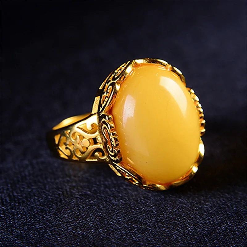 Bagues en ambre jaune, bijoux naturels, Talismans de luxe, amulette plaquée or 18 carats, bague réglable, cadeaux pour femmes