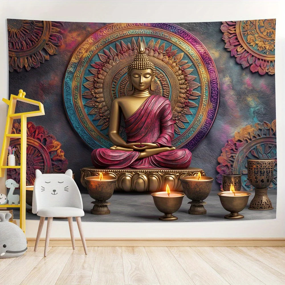 Tapisserie de bouddha 3D, décoration murale élégante en polyester pour salon, chambre à coucher, bureau, idéale pour la maison et l'ambiance de fête