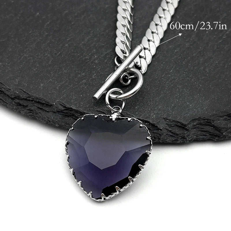 Collier ras du cou gothique punk en acier inoxydable avec pendentif cœur rouge en verre pour femmes