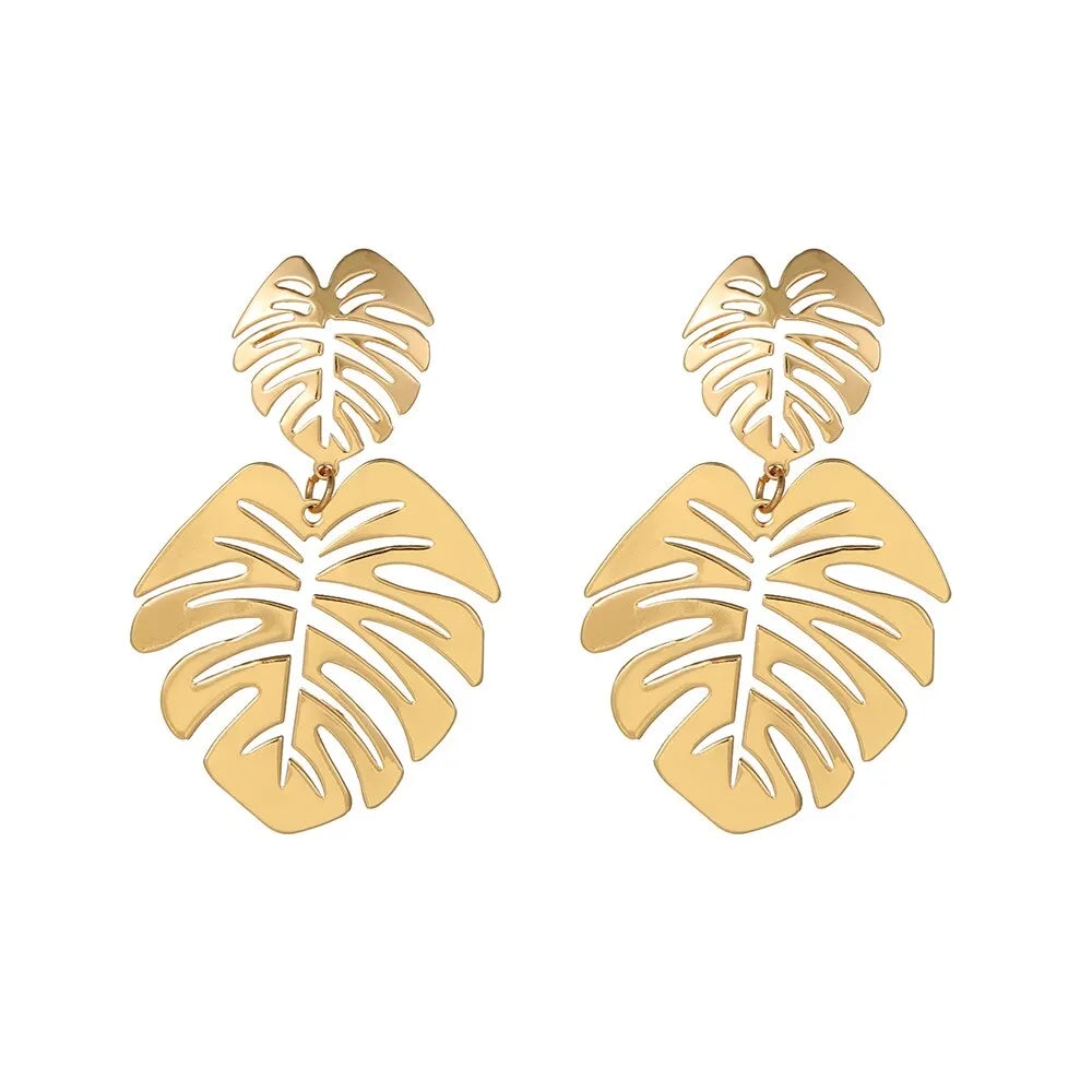 Boucles d'oreilles bohème creuses pour femmes, feuille exagérée, goutte d'eau, géométrique, couleur or, plante tropicale, bijoux féminins, nouveaux cadeaux